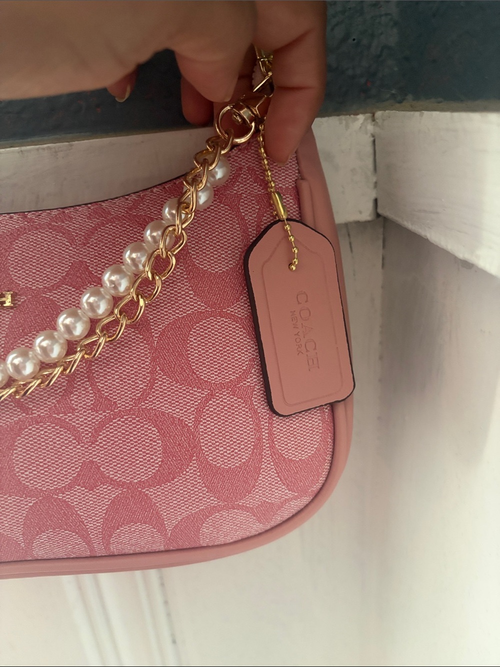 COACH Pink Signature Jacquard Shoulder Bag with Pearl & Gold Chain - Picture 2 of 5